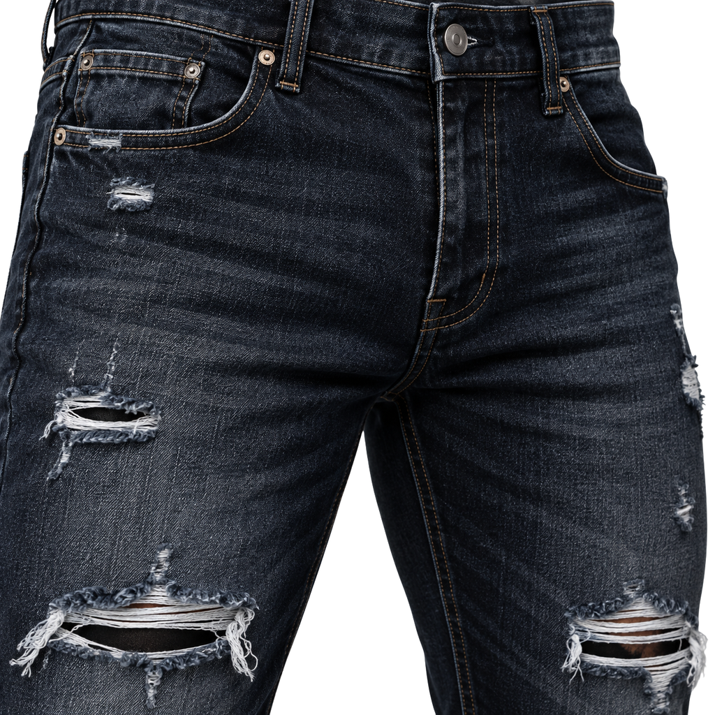 Slim-Fit Distressed Denim Jeans – Dark Indigo | Truvington