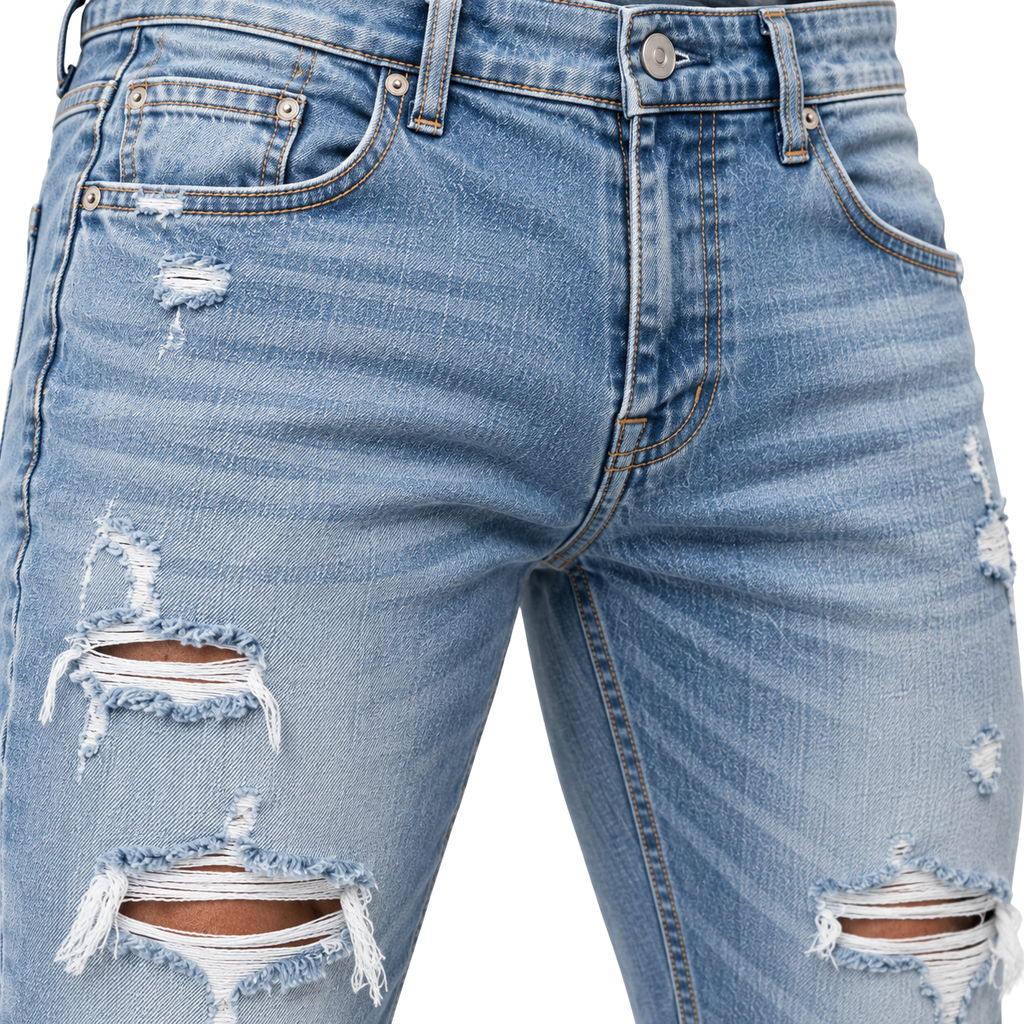 Slim-Fit Distressed Denim Jeans – Light Blue | Truvington