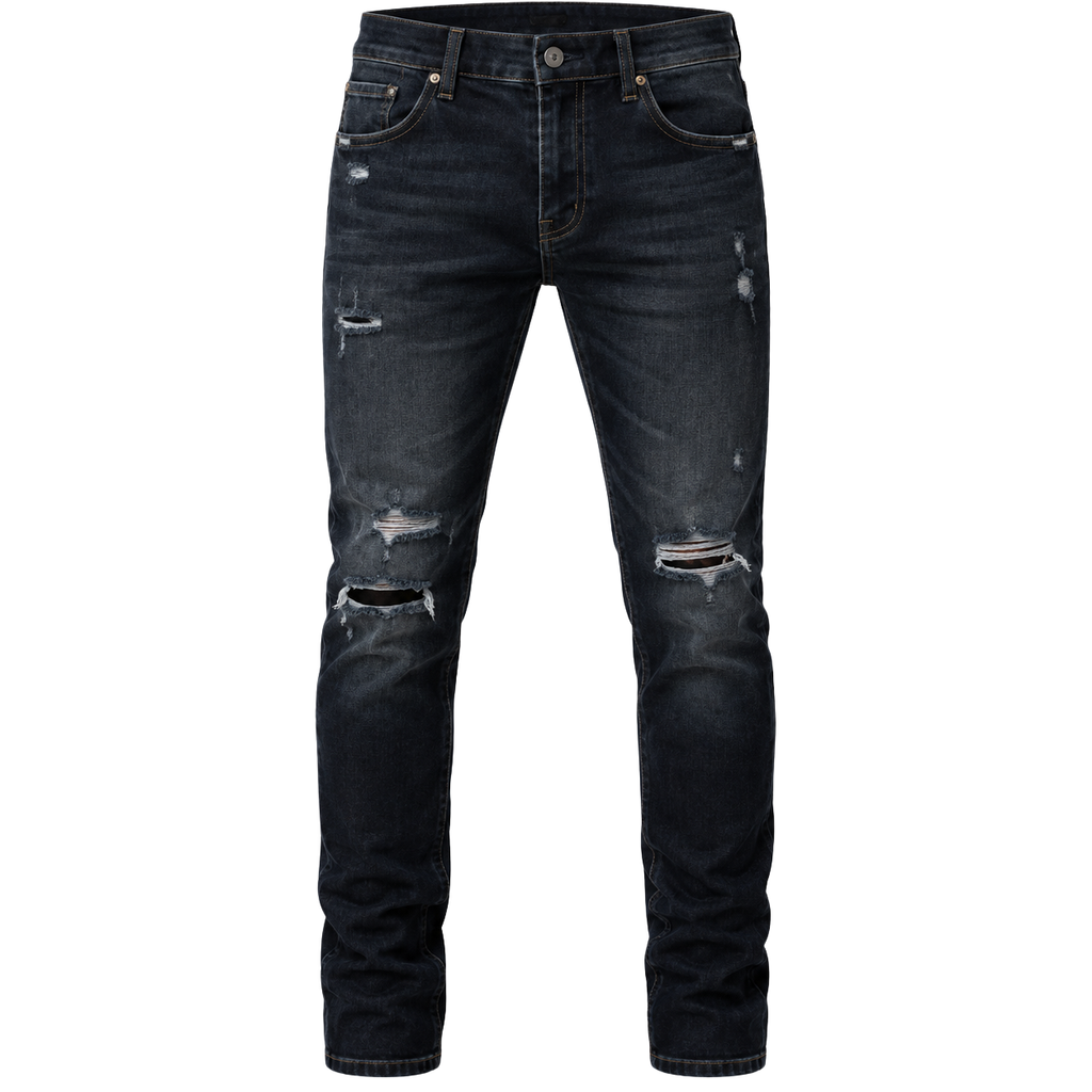 Slim-Fit Distressed Denim Jeans – Dark Indigo | Truvington